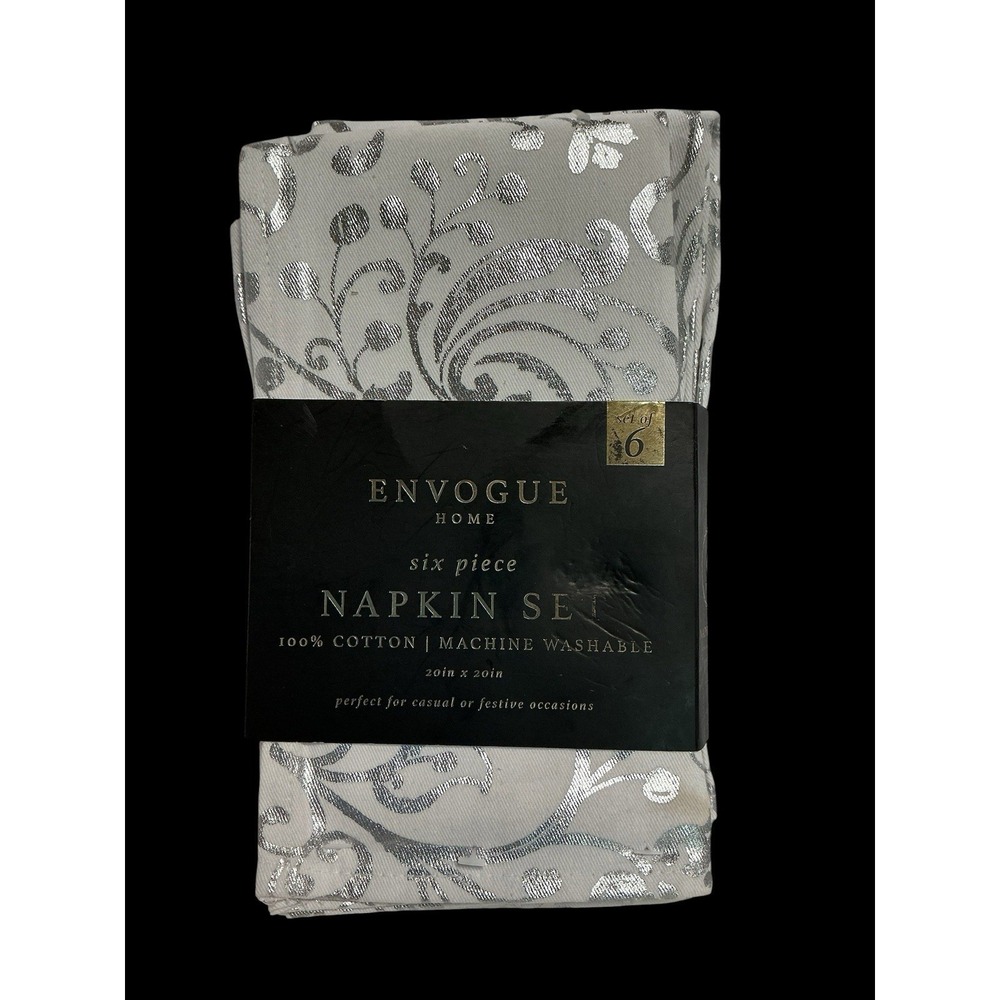 ENVOGUE HOME NAPKIN SET (6) White & Silver 100%  COTTON - NIP 20" X 20"